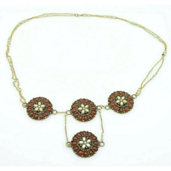 Faux Carnelian Red White Flower Bib Dangle - Picture 1 of 7